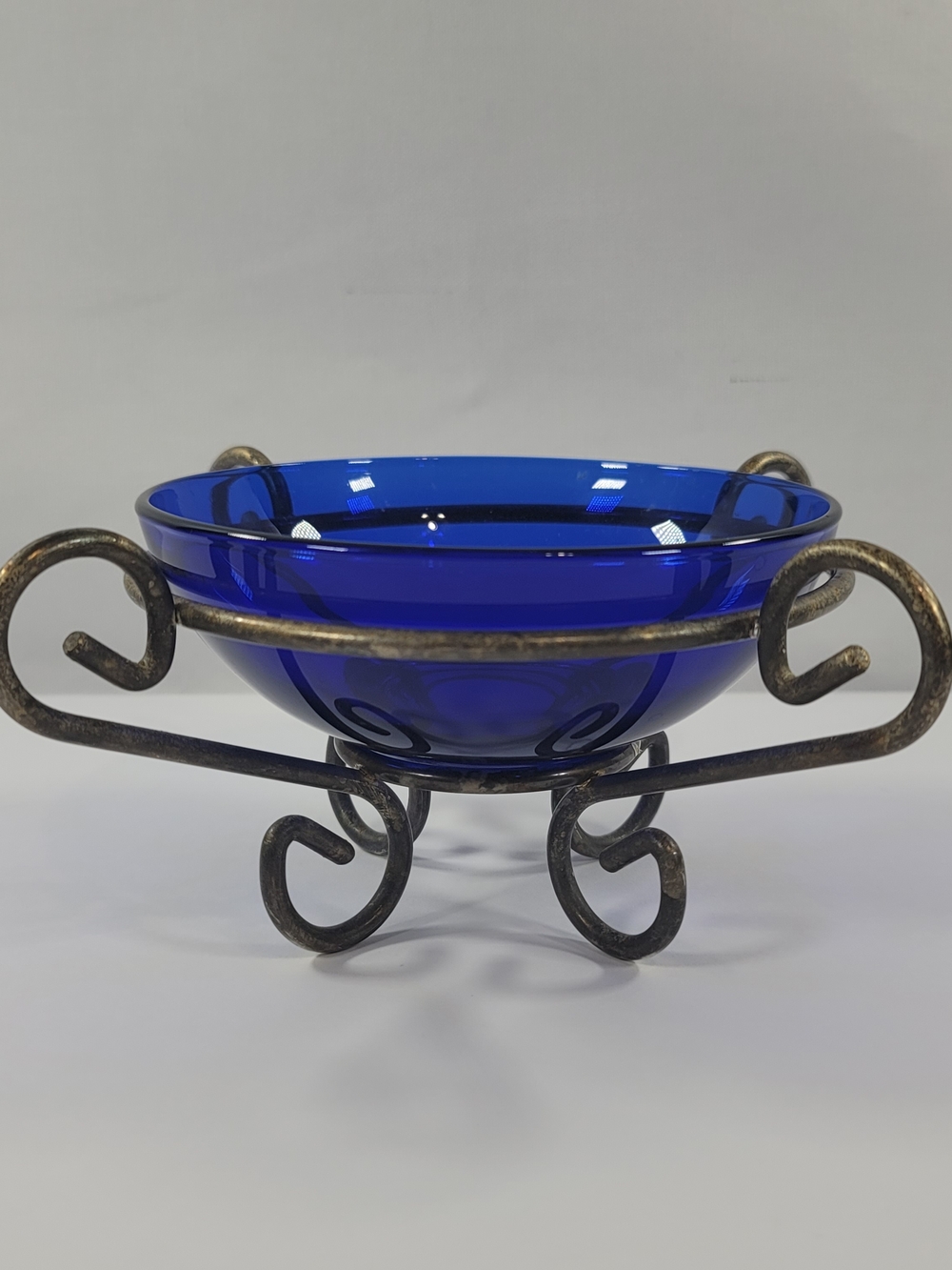 Cobalt Blue Glass Decorative Bowl with Scroll Metal Stand